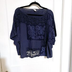 Anthropologie Akemi Kin Darrie Top Crochet Embroidered Navy Blue Crop Sz XS